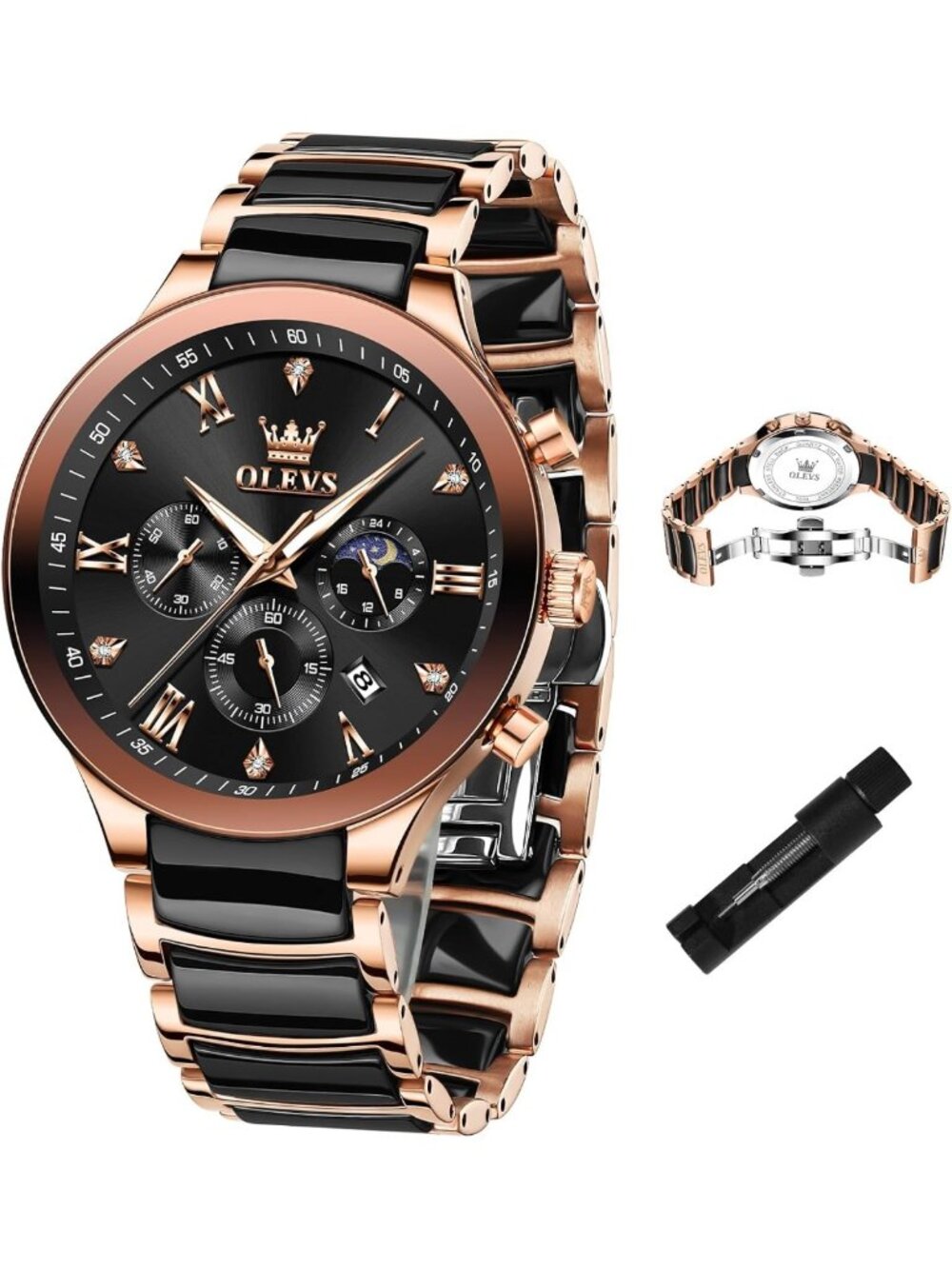 Luxury Men's Ceramic Chronograph Watch - Waterproof, Luminous, Moon Phase